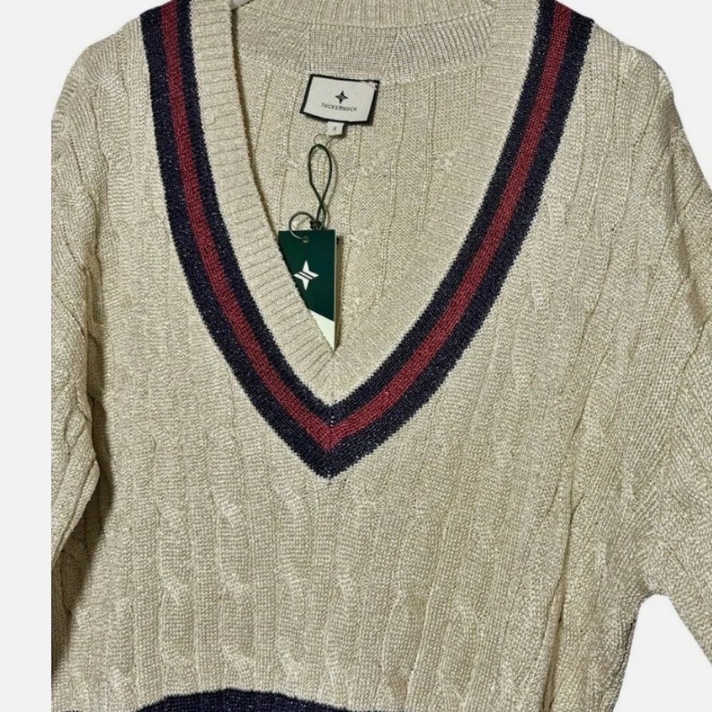 NWT TUCKERNUCK Garnet and Navy Stripe Gold Metallic Morrissey Sweater Size L - Picture 11 of 15